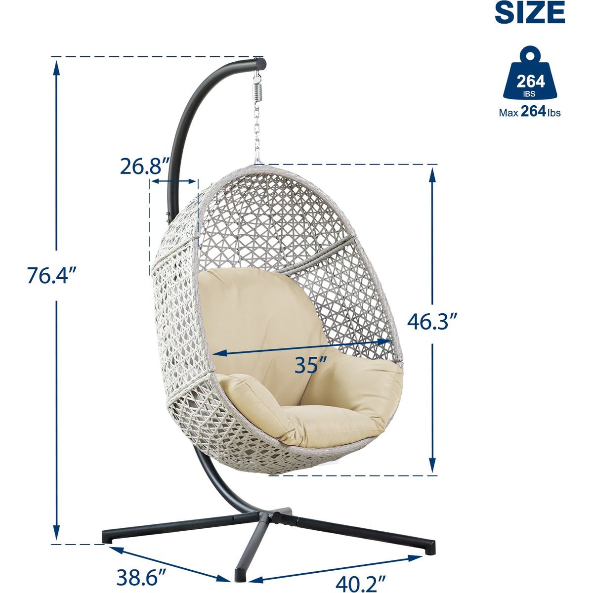 Large Hanging Egg Chair with Stand & UV Resistant Cushion Hammock Chairs with C-Stand for Outdoor Indoor Space