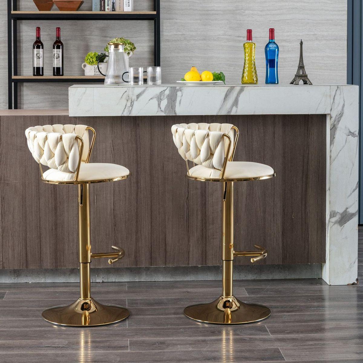 Set of 2 Bar Stools, with Chrome Footrest and Base Swivel Height Adjustable Mechanical Lifting Velvet + Golden Leg Simple Bar Stool-Cream - Streamdale Furniture