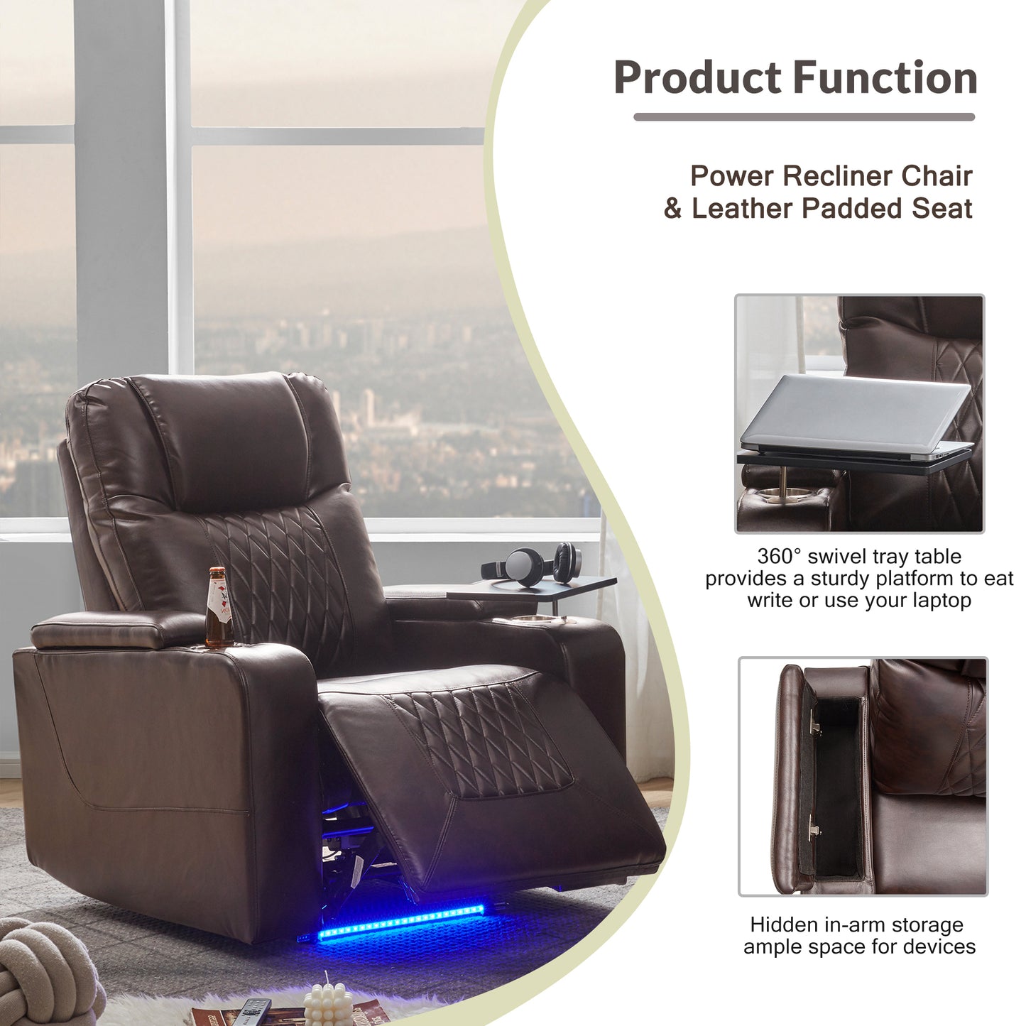 Power Motion Recliner with USB Charging Port and Hidden Arm Storage 2 Convenient Cup Holders Design and 360 degree Swivel Tray Table, Brown