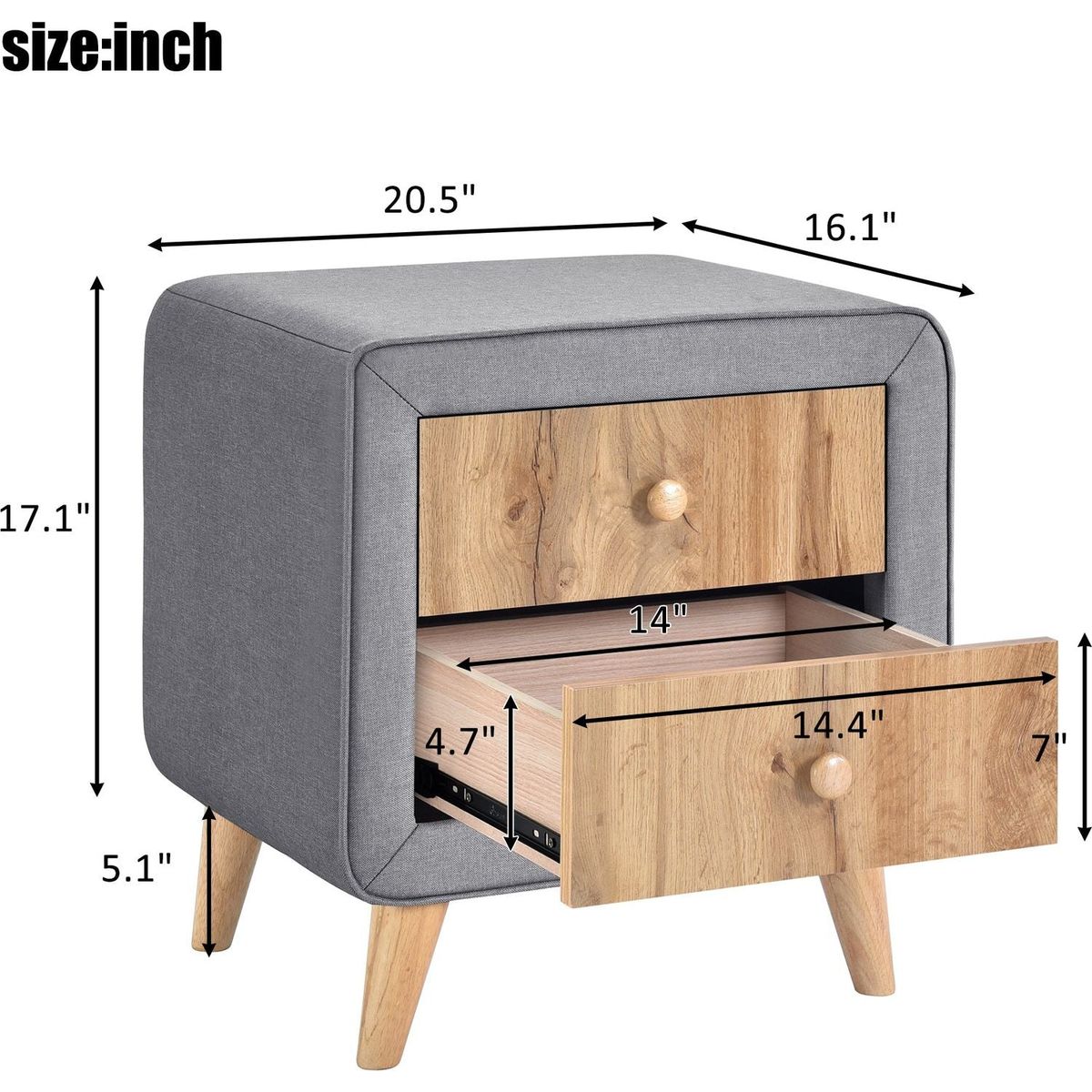 Upholstered Wooden Nightstand with 2 Drawers, Fully Assembled Except Legs and Handles, Bedside Table with Rubber Wood Leg-Gray