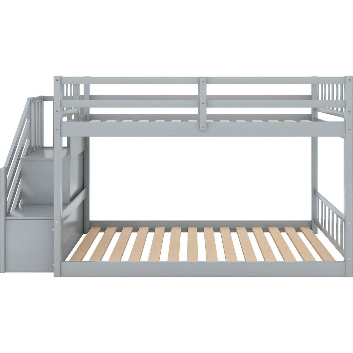 Twin over Twin Floor Bunk Bed, Ladder with Storage, Gray - Streamdale Furniture