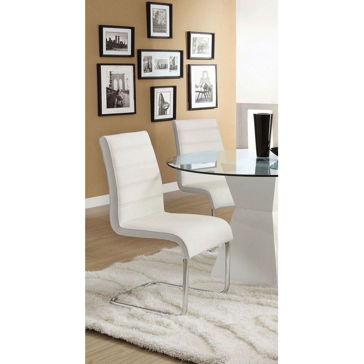 Contemporary White Padded Leatherette 2pc Side Chairs Set of 2 Chairs Kitchen Dining Room Metal Chrome Legs