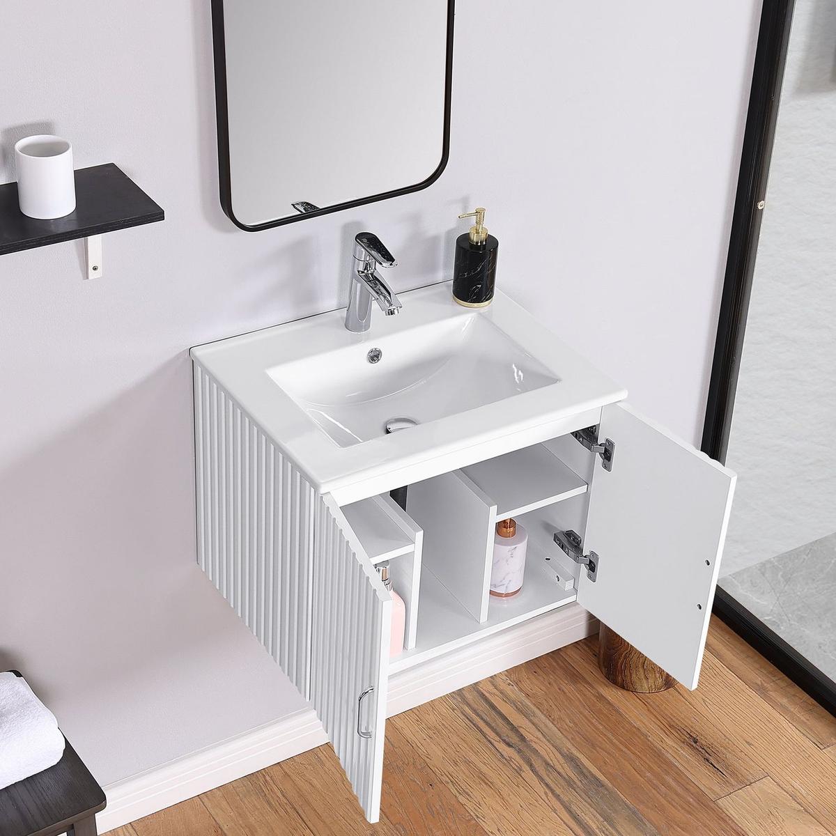 24" Floating Wall Mounted Bathroom Vanity with White Porcelain Sink and Soft Close Doors