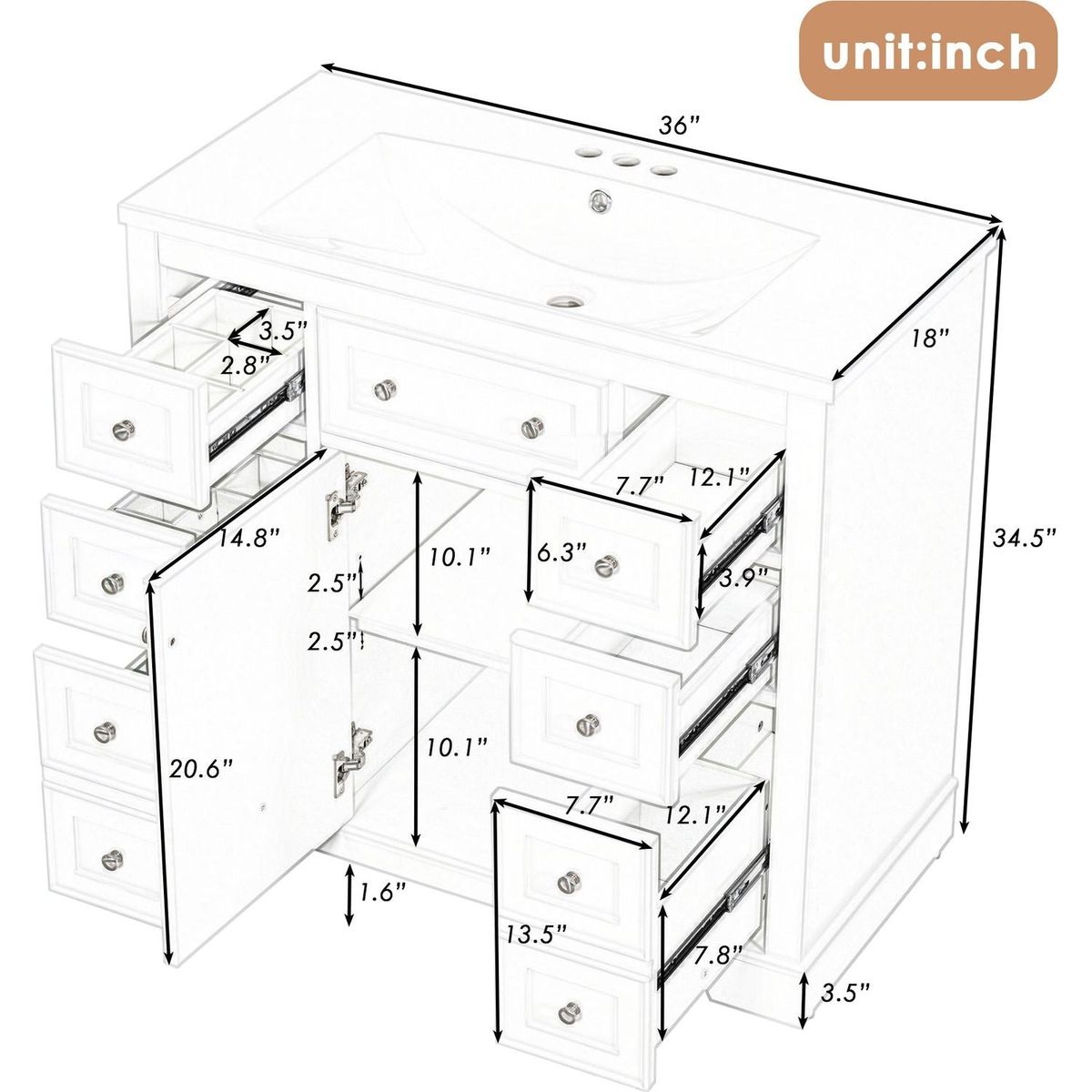 36" Bathroom Vanity with Sink Combo, One Cabinet and Six Drawers, Solid Wood and MDF Board, White