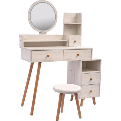 Stylish Vanity Table + Cushioned Stool, Touch Control LED Mirror, Large Capacity Storage Cabinet, 5 Drawers, Fashionable Makeup Furniture, Length Adjustable(L31.5"-43.2"x W15.8" x H48.1")