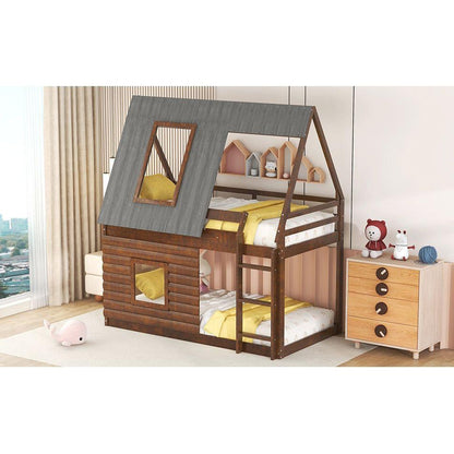Wood Twin Size House Bunk Bed with Roof, Ladder and 2 Windows, Oak & Smoky Grey