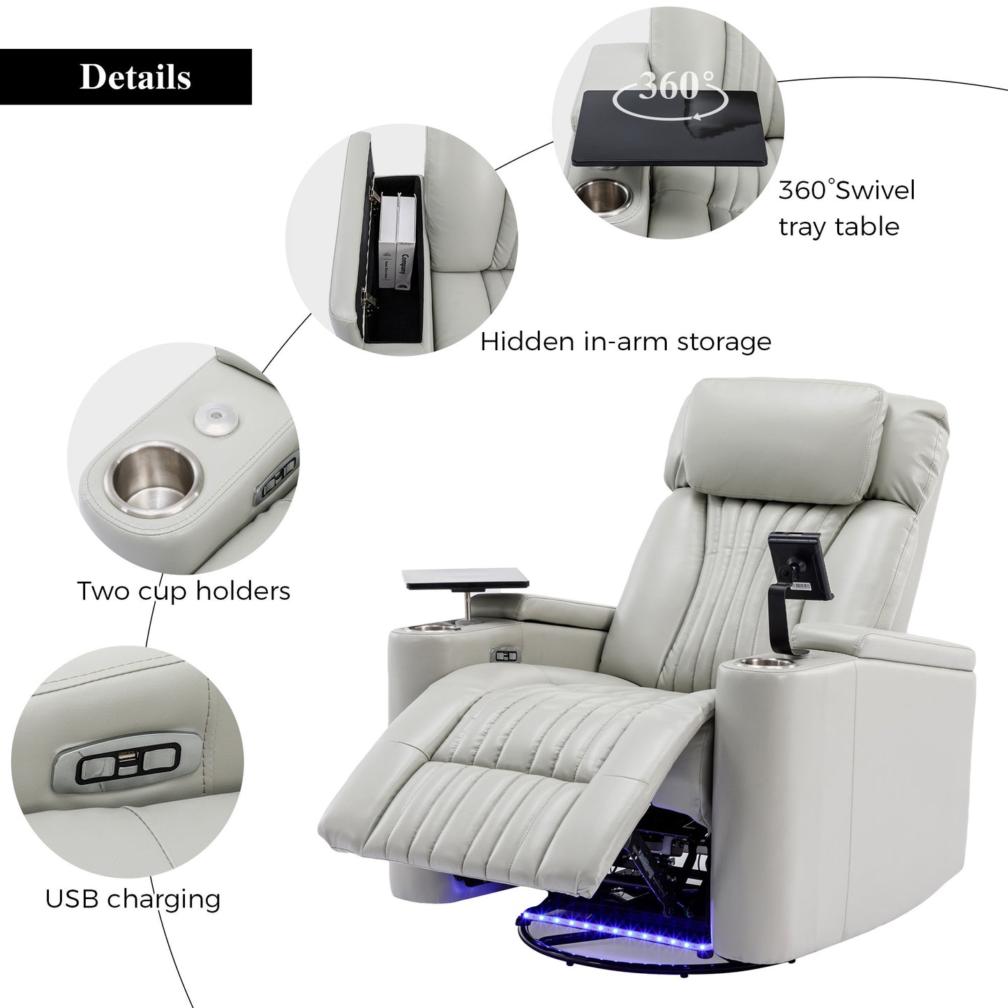 270 Power Swivel Recliner,Home Theater Seating With Hidden Arm Storage and LED Light Strip,Cup Holder,360 Swivel Tray Table,and Cell Phone Holder,Soft Living Room Chair,Grey