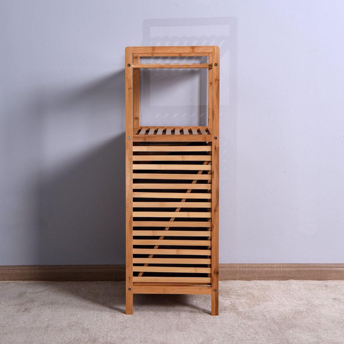 Bathroom Laundry Basket Bamboo Storage Basket with 2-tier Shelf 17.32 x 13 x 37.8 inch - Streamdale Furniture