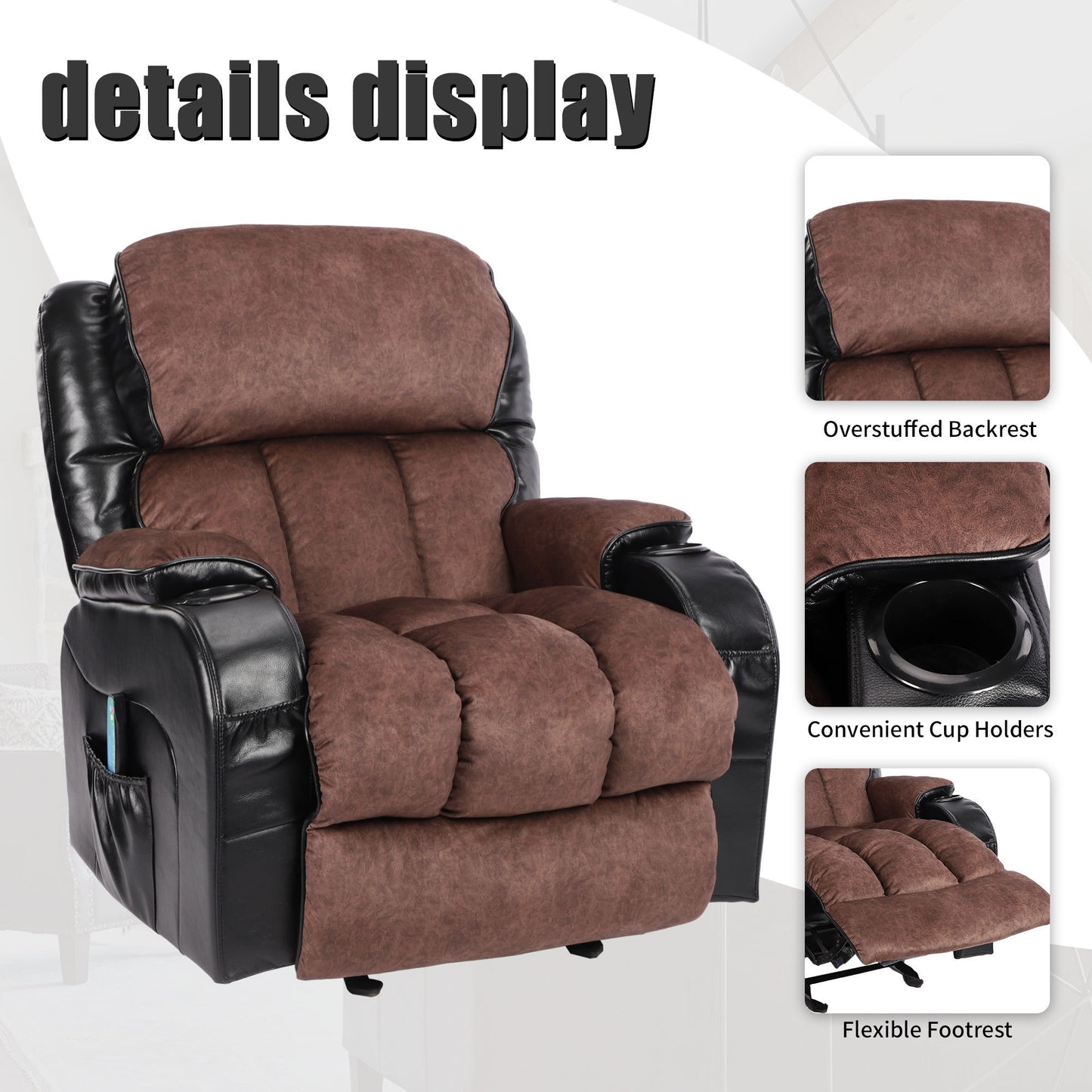 Recliner Chair for Living Room with Rocking Function and Side Pocket blackbrown