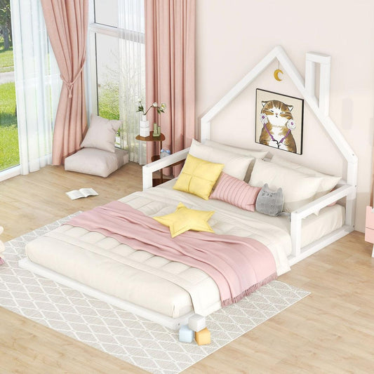 Full Size Wood Floor Bed with House-shaped Headboard, White - Streamdale Furniture