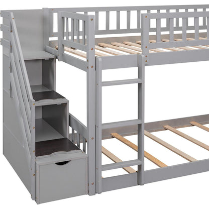 Stairway Twin over Twin Bunk Bed with Two Drawers and Slide, Gray