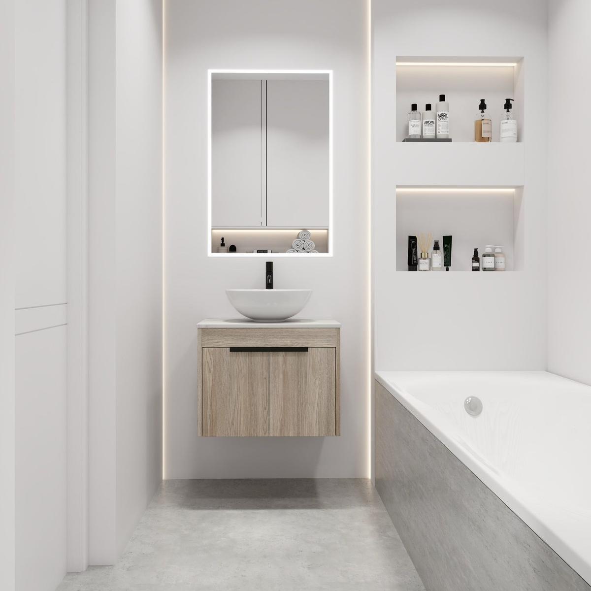 24" Modern Design Float Bathroom Vanity With Ceramic Basin Set, Wall Mounted White Oak Vanity With Soft Close Door, KD-PackingD-Packing Pieces