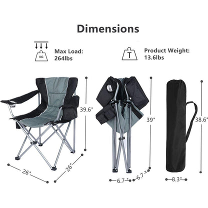 Oversized Camping Folding Chair with Cup Holder, Side Cooler Bag, Heavy Duty Steel Frame Fully P Added Quad Armchair for Outdoors, 1-Pack, Grey