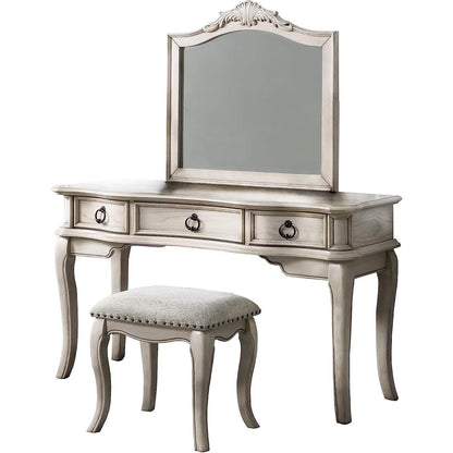 Contemporary Antique White Color Vanity Set w Stool Retro Style Drawers cabriole-tapered legs Mirror w floral crown molding Bedroom Furniture