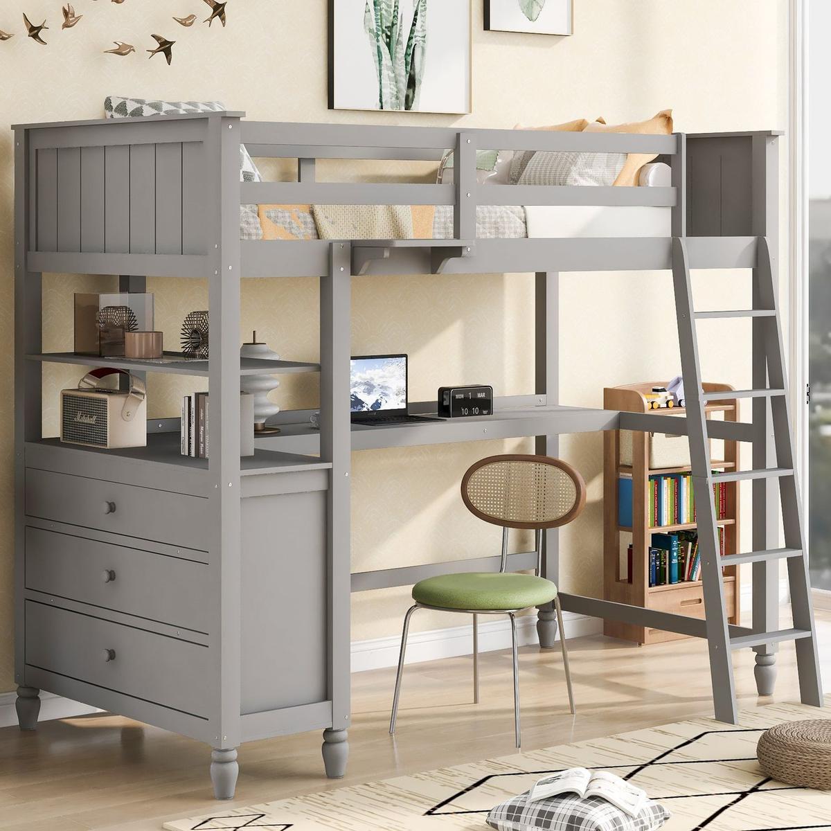Twin size Loft Bed with Drawers and Desk, Wooden Loft Bed with Shelves - Gray