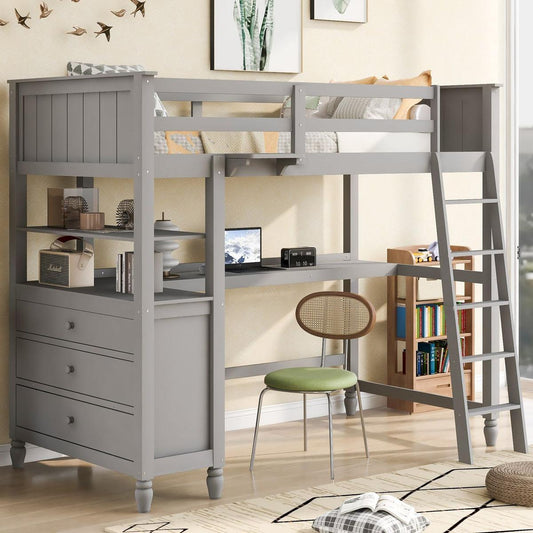 Twin size Loft Bed with Drawers and Desk, Wooden Loft Bed with Shelves - Gray