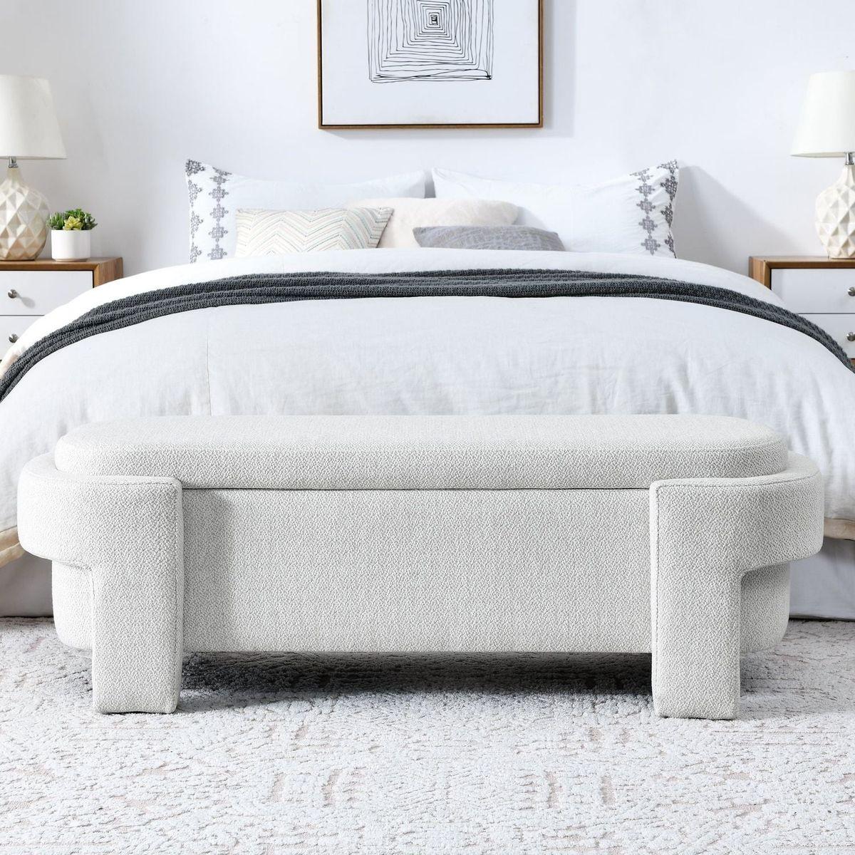 Linen Fabric Upholstered Bench with Large Storage Space for the Living Room, Entryway and Bedroom, White,(51.5"x20.5"x17") - Streamdale Furniture