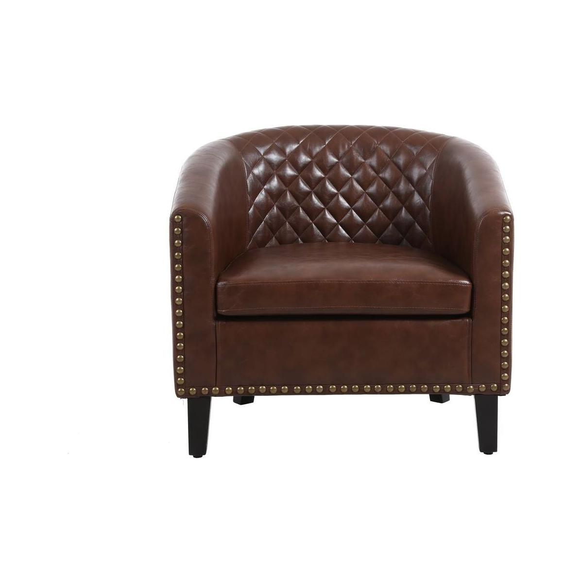 accent Barrel chair living room chair with nailheads and solid wood legs Brown pu leather