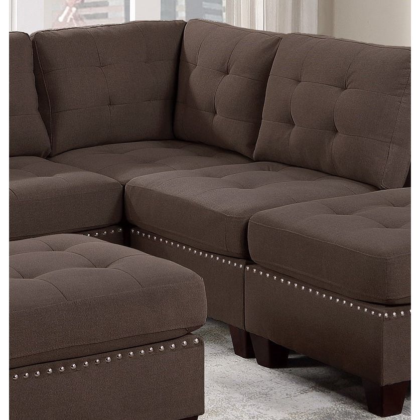 Modular Sectional 6pc Set Living Room Furniture L-Sectional Black Coffee Linen Like Fabric Tufted Nailheads 2x Corner Wedge 2x Armless Chairs and 2x Ottomans