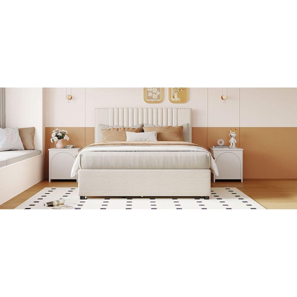 Full Size Upholstered Platform Bed with 2 Drawers and 1 Twin Size Trundle, Classic Headboard Design, Beige