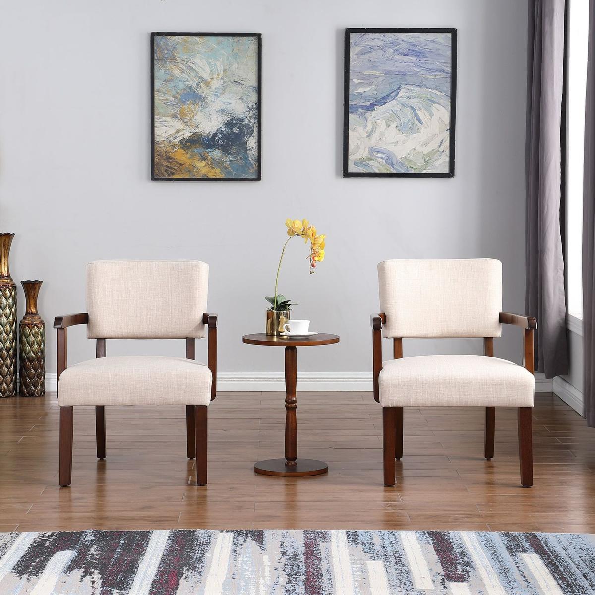 Fabric Accent Chair Set of 2 with Round Wood Table, Decorative Slipper Chair