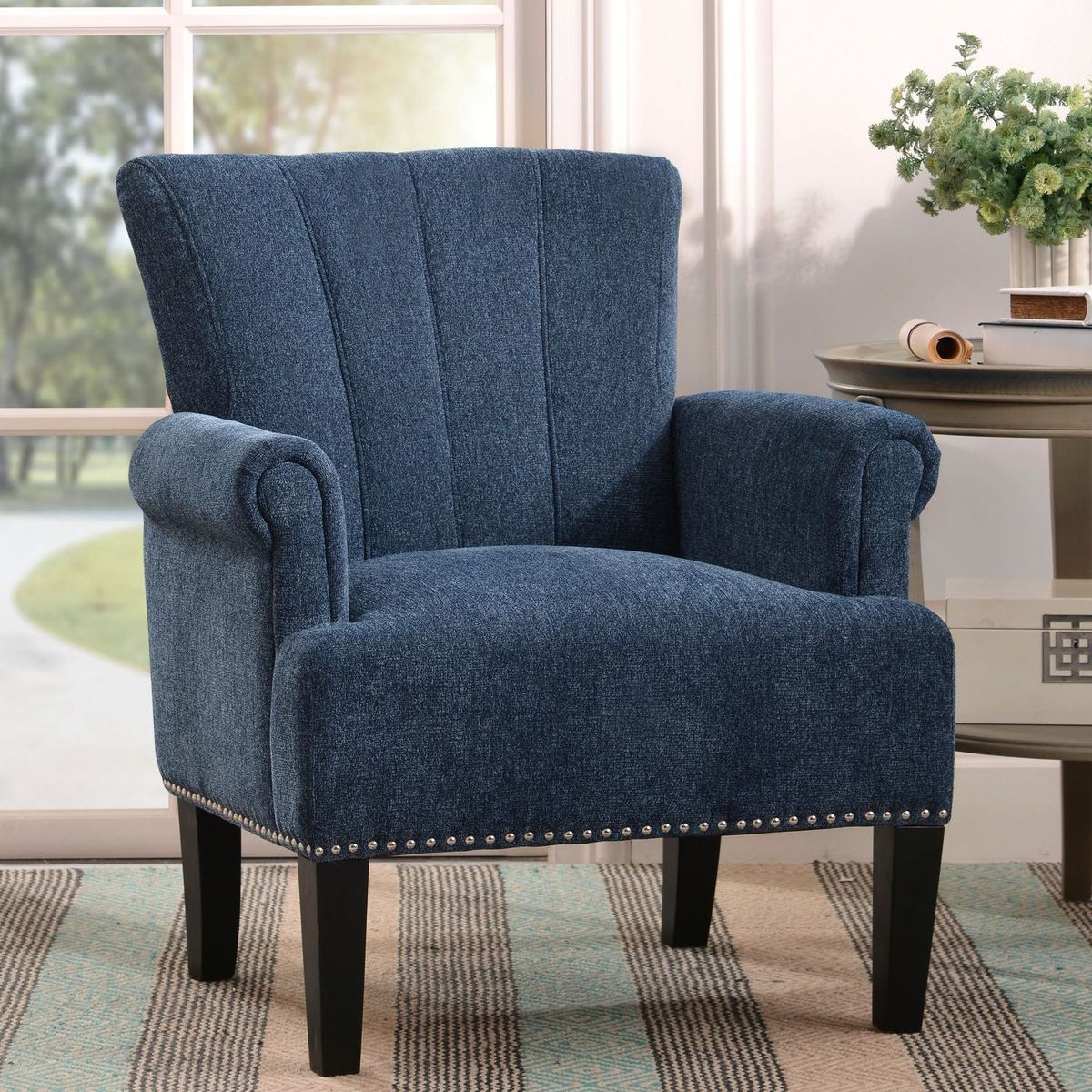 Accent Rivet Tufted Polyester Armchair, Navy Blue