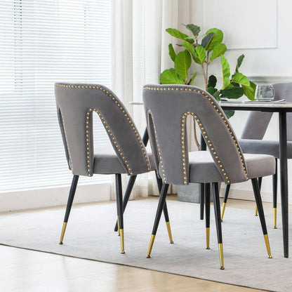 Akoya Collection Modern Contemporary Velvet Upholstered Dining Chair with Nailheads and Gold Tipped Black Metal Legs, Gray, Set of 2