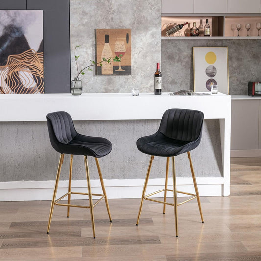 26 Inch Set of 2 Bar Stools, with Chrome Footrest Velvet Fabric Counter Stool Golden Leg Simple Bar Stool, BLACK - Streamdale Furniture