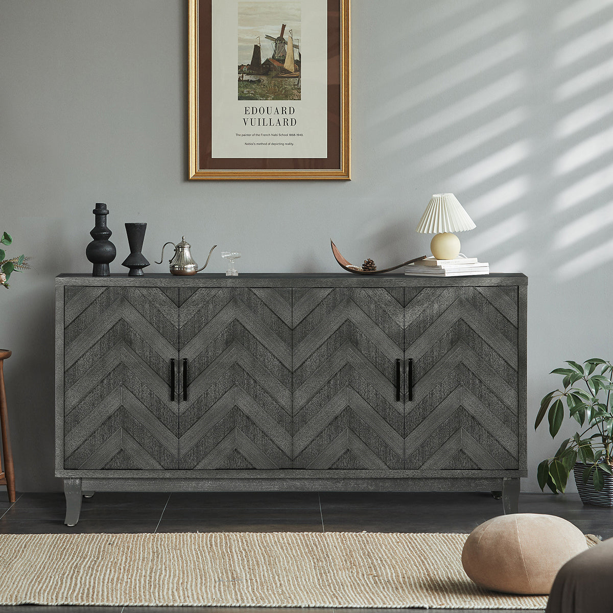 Stronger Vintage Style Buffet Cabinet, Lacquered Accent Storage 4 Door Wooden Cabinets, Thickened Sideboard Storage Cabinet for Entryway, Living Room, Taupe Grey - Streamdale Furniture