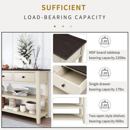 Retro Design Console Table with Two Open Shelves, Pine Solid Wood Frame and Legs for Living Room (Espresso+Beige)