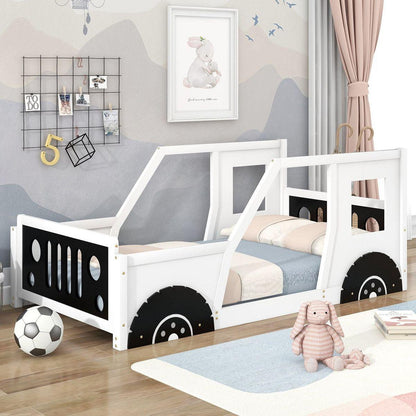 Twin Size Classic Car-Shaped Platform Bed with Wheels, White - Streamdale Furniture