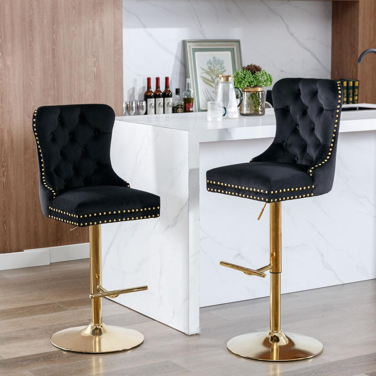 Thick Golden Swivel Velvet Barstools Adjusatble Seat Height from 27-35 Inch, Modern Upholstered Bar Stools with Backs Comfortable Tufted for Home Pub and Kitchen Island (Black, Set of 2)