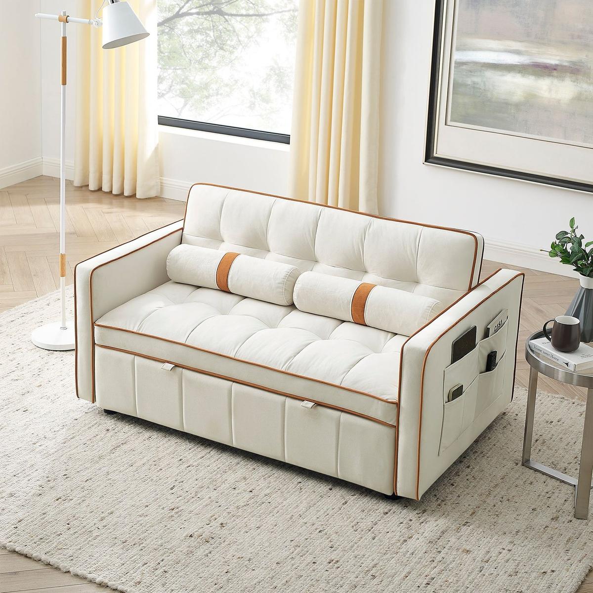 Modern 55.5" Pull Out Sleep Sofa Bed 2 Seater Loveseats Sofa Couch with side pockets, Adjustable Backrest and Lumbar Pillows for Apartment Office Living Room