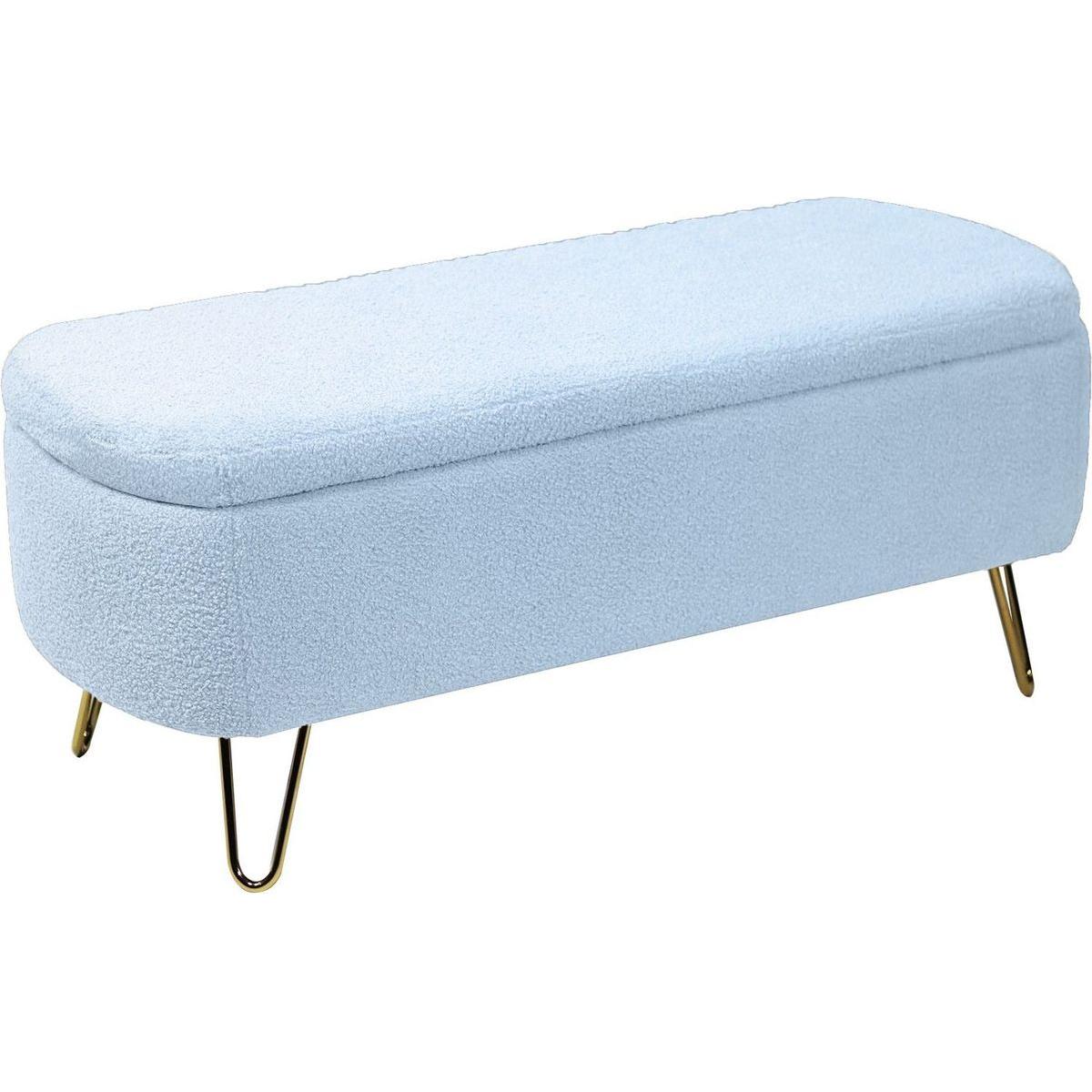 Blue Storage Ottoman Bench for End of Bed Gold Legs, Modern Grey Faux Fur Entryway Bench Upholstered Padded with Storage for Living Room Bedroom