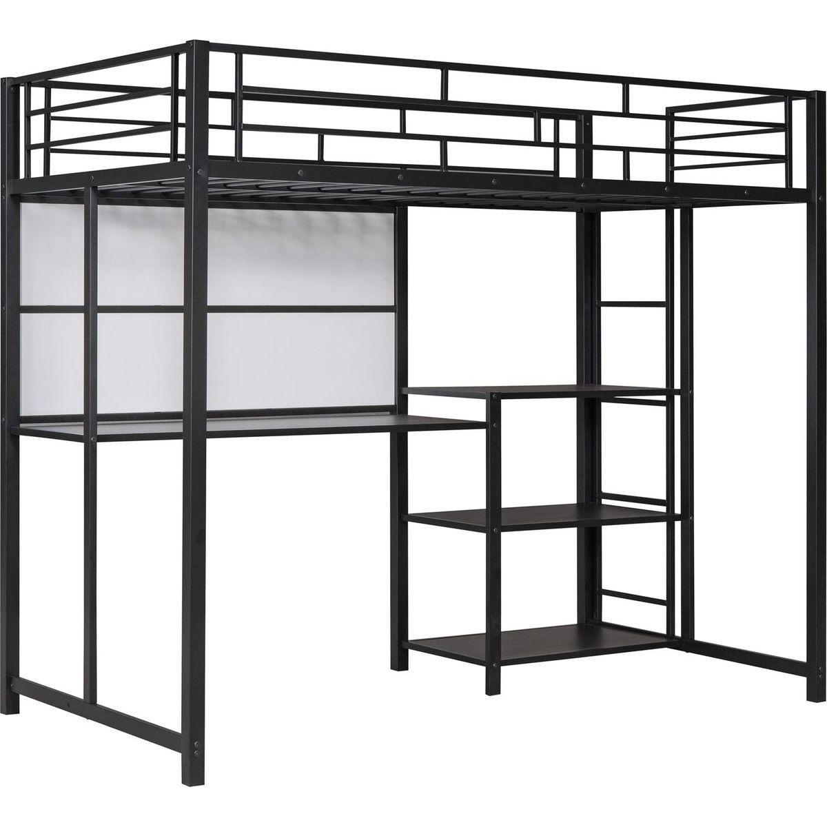 Twin Size Loft Bed with Desk and Whiteboard, Mental Loft Bed with 3 Shelves and Ladder, Black