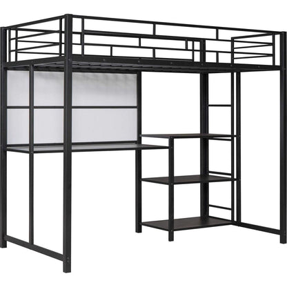 Twin Size Loft Bed with Desk and Whiteboard, Mental Loft Bed with 3 Shelves and Ladder, Black