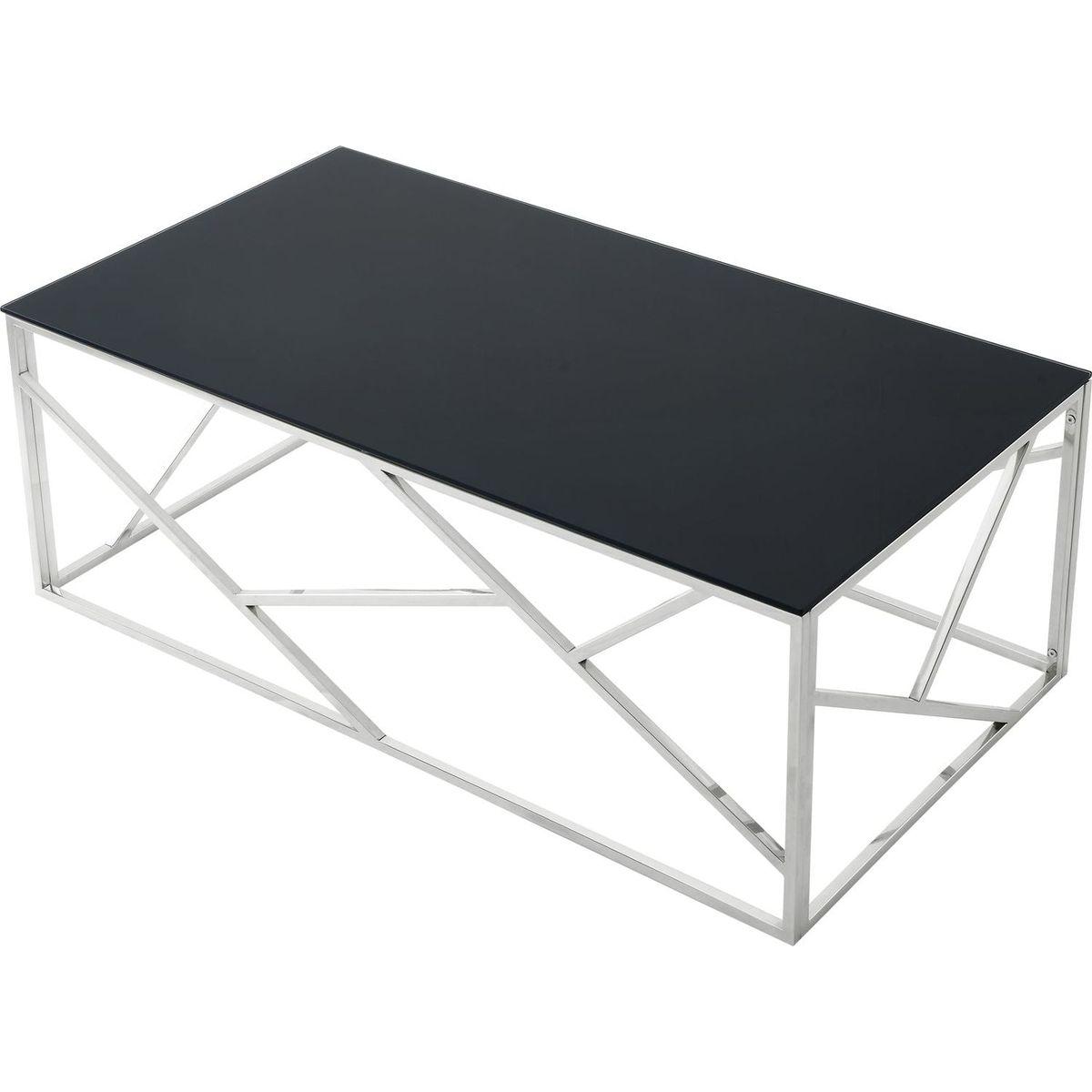 Modern Rectangular Coffee Accent Table with Black Tempered Glass Top and Stainless Steel Frame for Living Room Bedroom - Polished Chrome