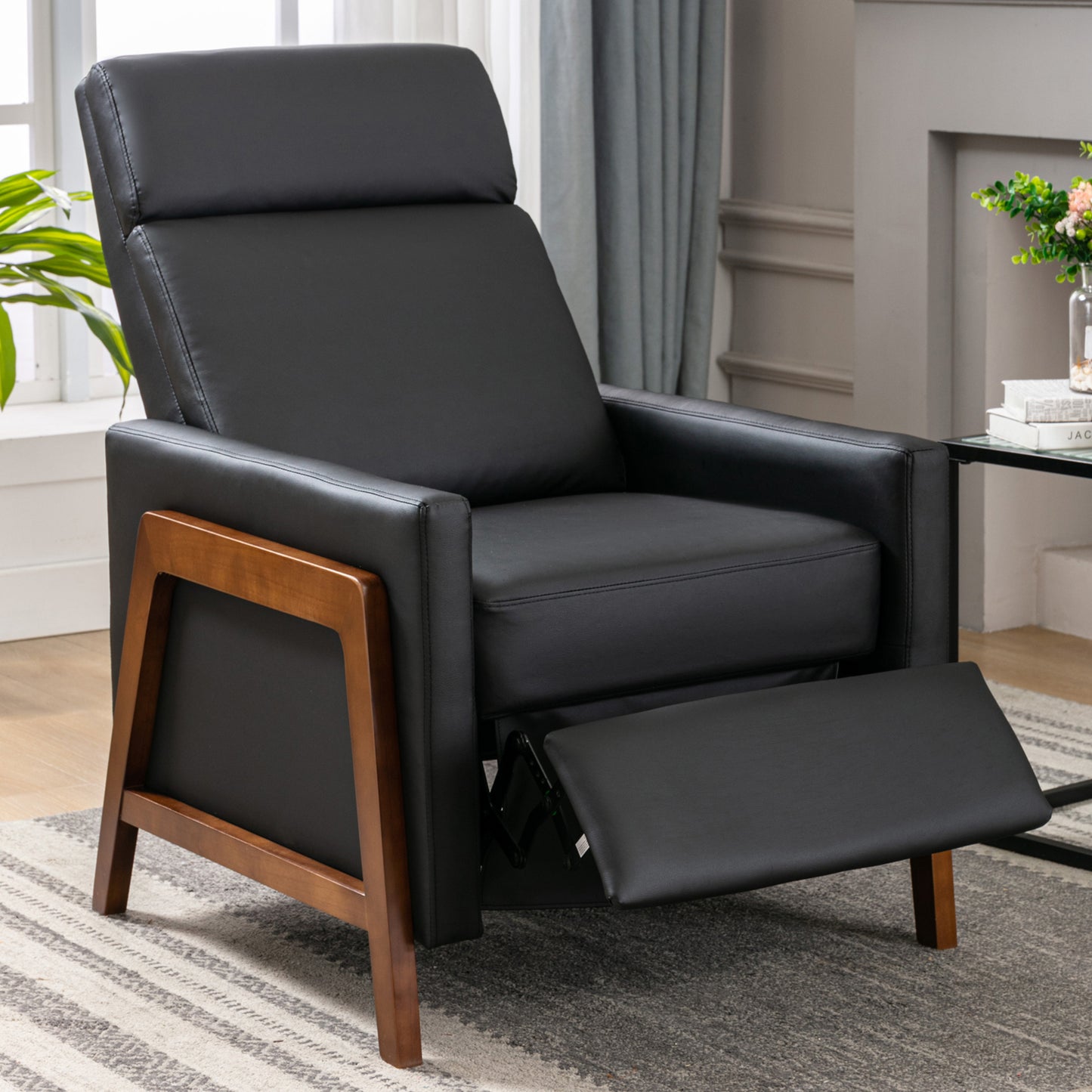 Wood-Framed PU Leather Recliner Chair Adjustable Home Theater Seating with Thick Seat Cushion and Backrest Modern Living Room Recliners, Black