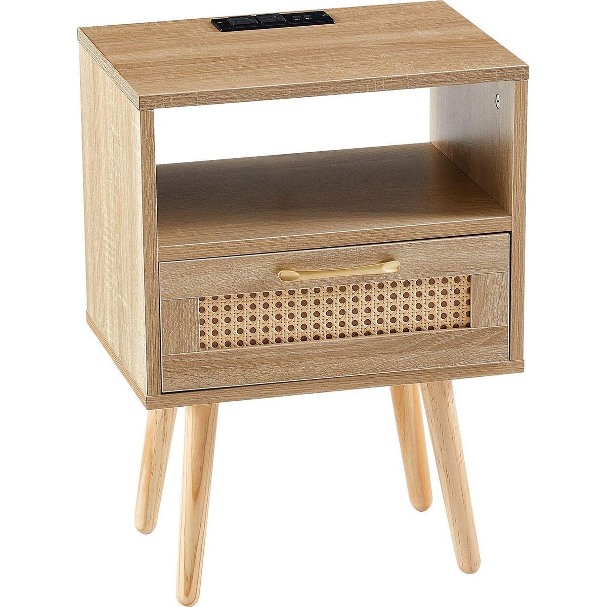 15.75" Rattan End table with Power Outlet & USB Ports, Modern nightstand with drawer and solid wood legs, side table for living roon, bedroom, natural