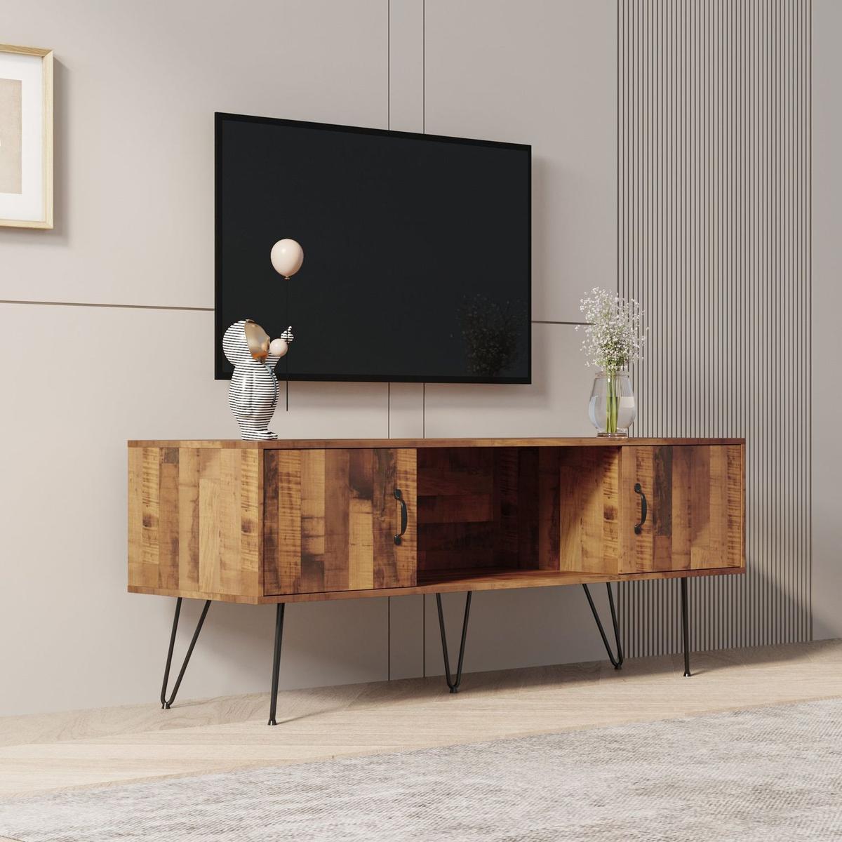 TV Media Stand, 60 inch Wide, Modern Industrial, Living Room Entertainment Center, Storage Shelves and Cabinets, for Flat Screen TVs up to 65 inches in Natural