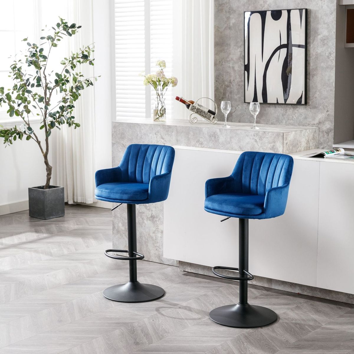 Bar Stools Set of 2 - Adjustable Barstools with Back and Footrest, Counter Height Bar Chairs for Kitchen, Pub -Blue