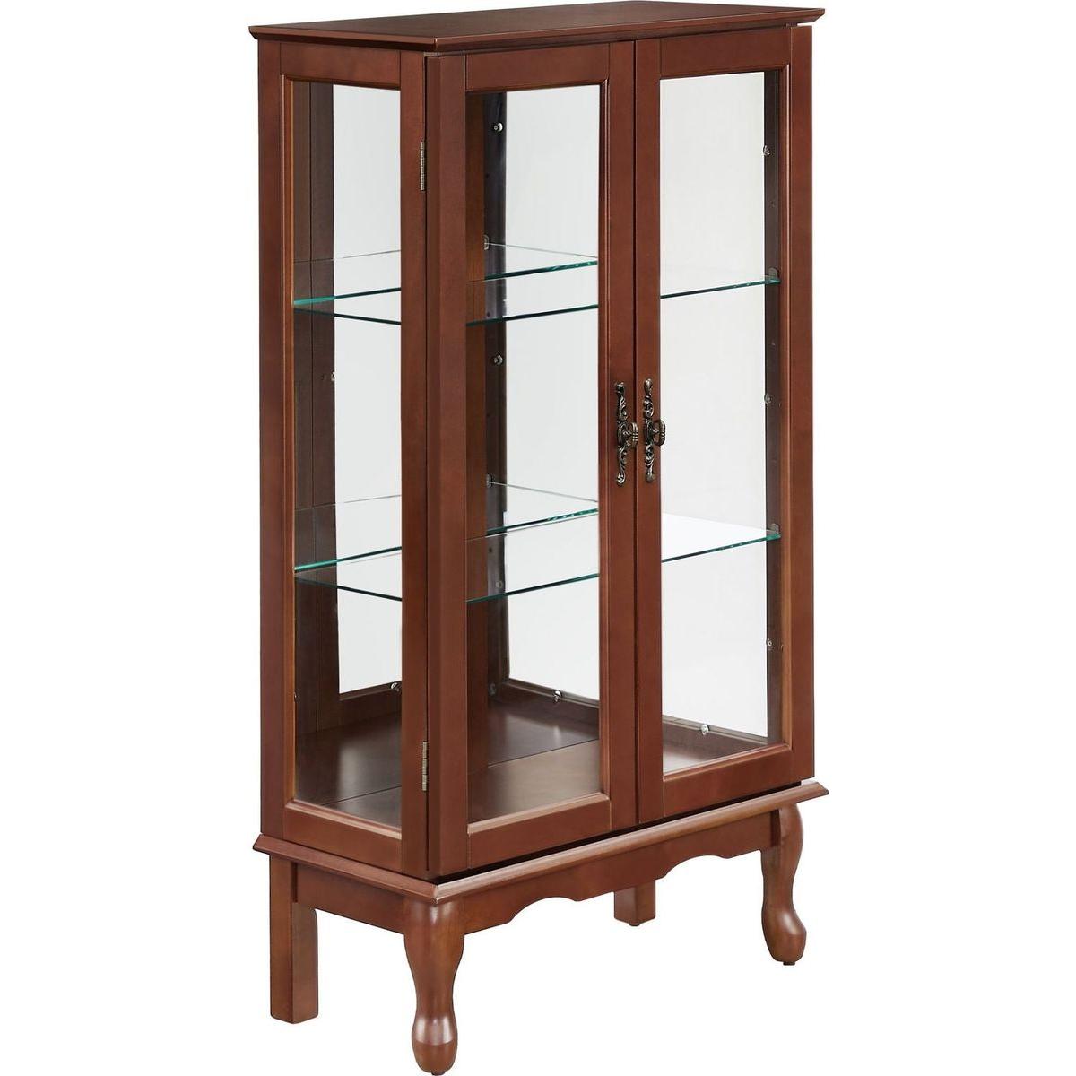Curio Cabinet Lighted Curio Diapaly Cabinet with Adjustable Shelves and Mirrored Back Panel, Tempered Glass Doors (Walnut, 3 Tier), (E26 light bulb not included) - Streamdale Furniture