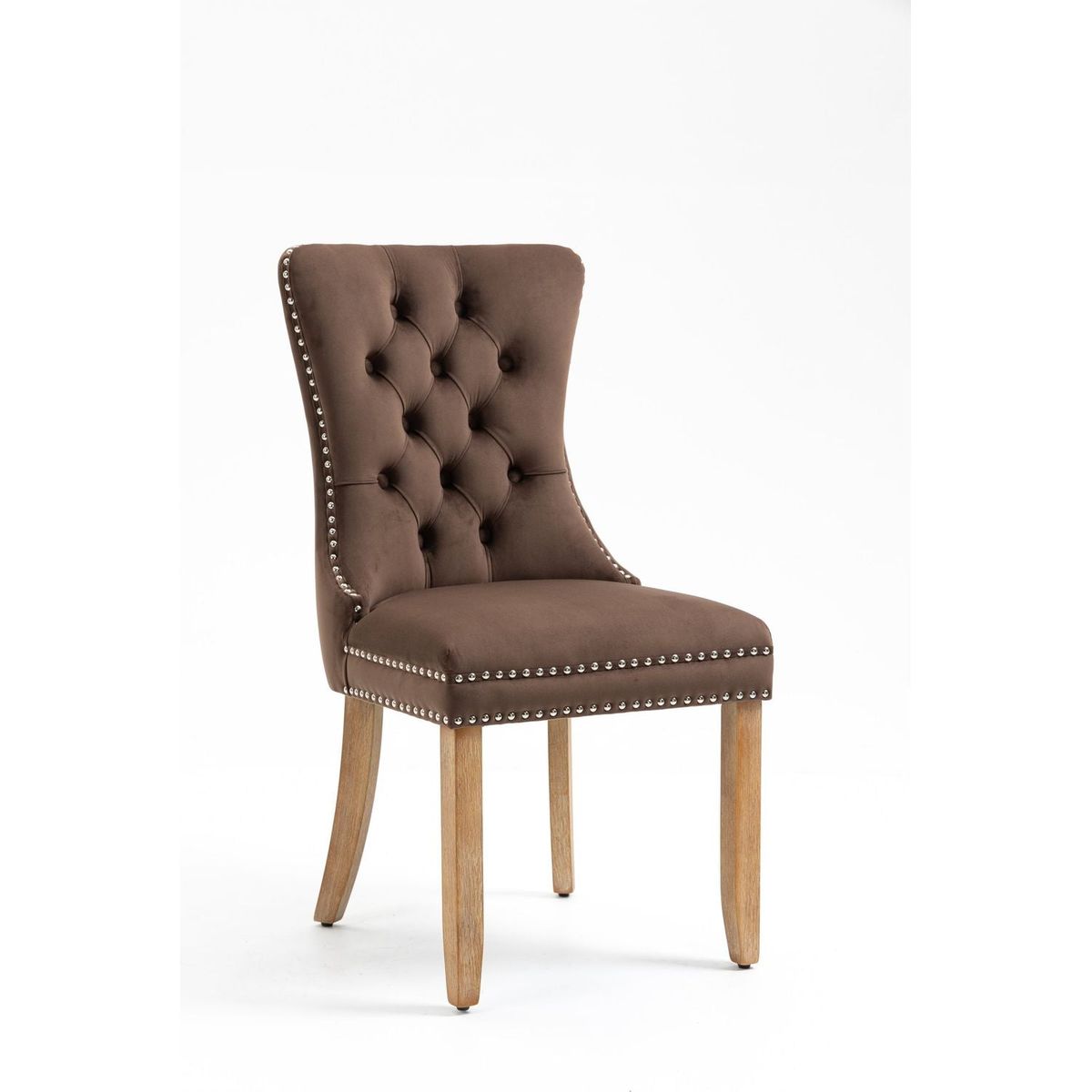 Upholstered Button Tufted Back Brown Velvet Dining Chair with Nailhead Trim and Brushed Solid Wood Legs 2 Sets