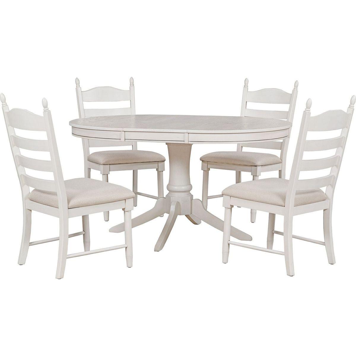 5-Piece Retro Functional Dining Table Set Wood Round Extendable Dining Table and 4 Upholstered Dining Chairs (Antique White) - Streamdale Furniture