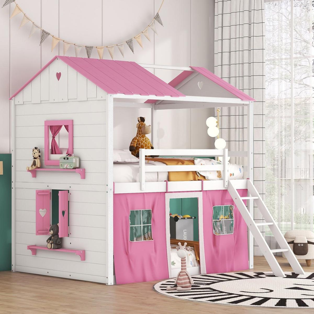 Full Size Bunk Wood House Bed with Elegant Windows, Sills and Tent, Pink+White