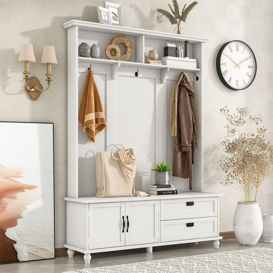 Modern Style Hall Tree with Storage Cabinet and 2 Large Drawers, Widen Mudroom Bench with 5 Coat Hooks, White