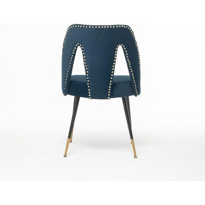 Akoya Collection Modern Contemporary Velvet Upholstered Dining Chair with Nailheads and Gold Tipped Black Metal Legs, Blue, Set of 2