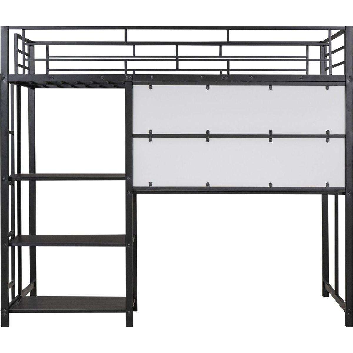 Twin Size Loft Bed with Desk and Whiteboard, Mental Loft Bed with 3 Shelves and Ladder, Black