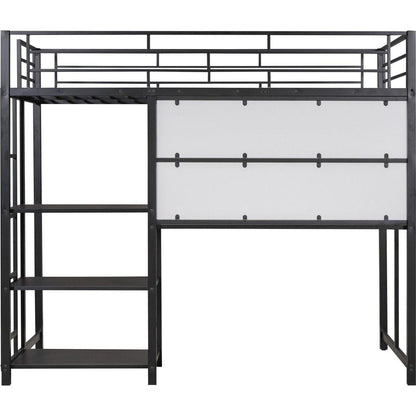 Twin Size Loft Bed with Desk and Whiteboard, Mental Loft Bed with 3 Shelves and Ladder, Black