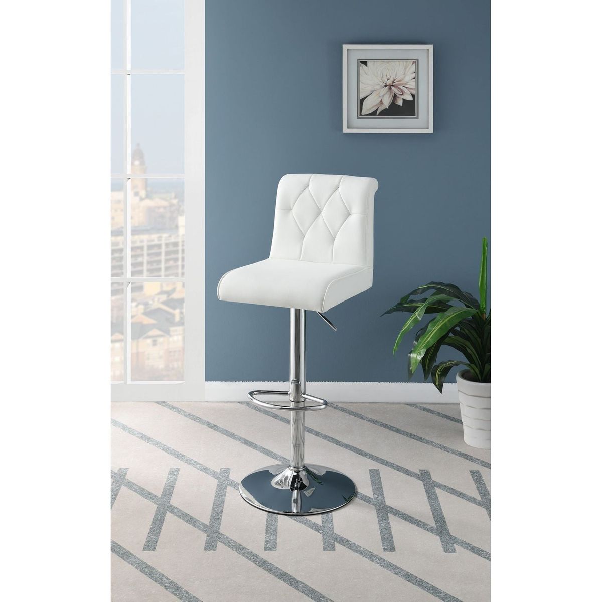 Adjustable Bar stool Gas lift Chair White Faux Leather Tufted Chrome Base Modern Set of 2 Chairs Dining Kitchen